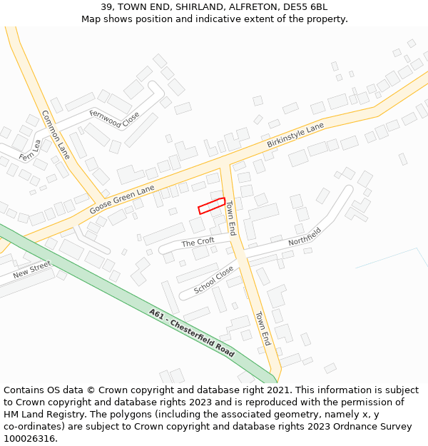 39, TOWN END, SHIRLAND, ALFRETON, DE55 6BL: Location map and indicative extent of plot