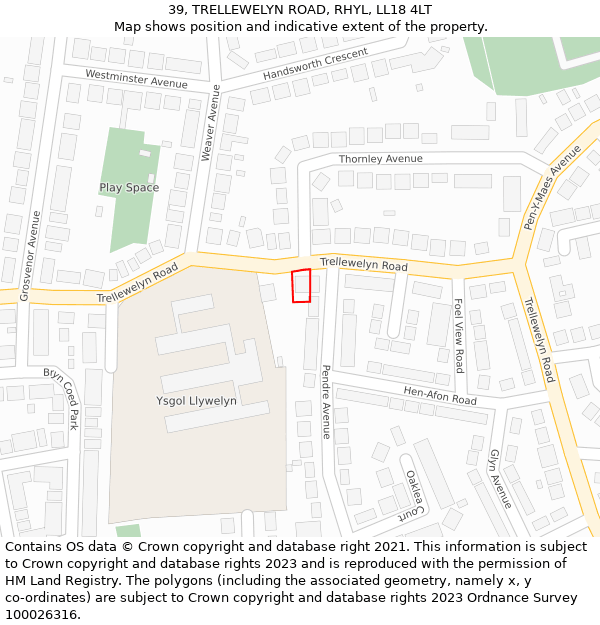 39, TRELLEWELYN ROAD, RHYL, LL18 4LT: Location map and indicative extent of plot