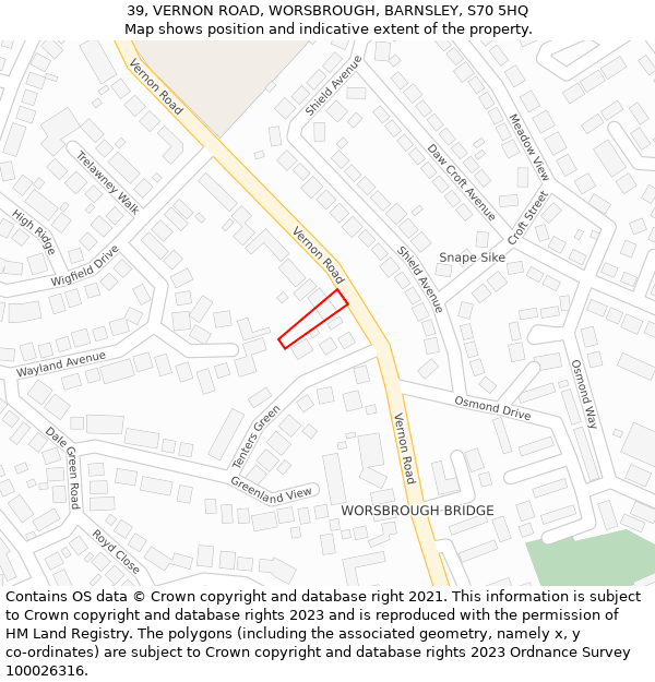 39, VERNON ROAD, WORSBROUGH, BARNSLEY, S70 5HQ: Location map and indicative extent of plot