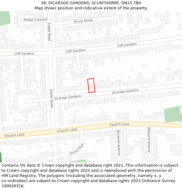 39, VICARAGE GARDENS, SCUNTHORPE, DN15 7BA: Location map and indicative extent of plot