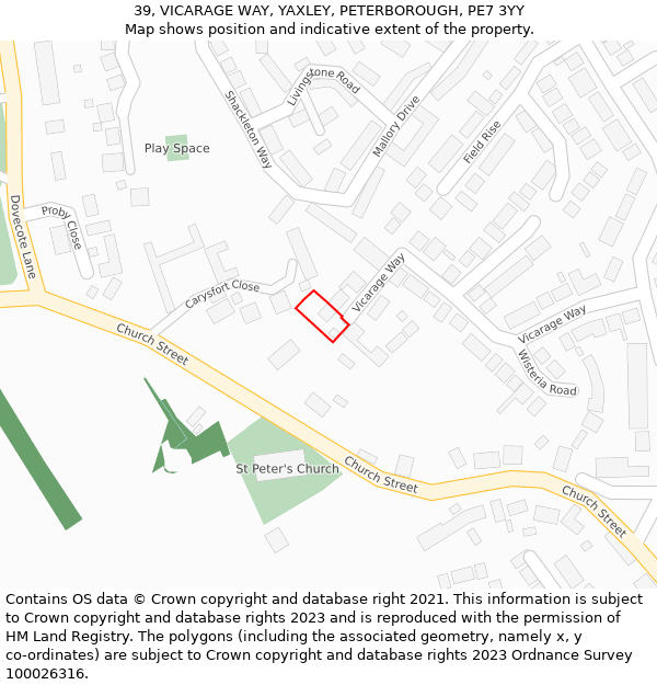 39, VICARAGE WAY, YAXLEY, PETERBOROUGH, PE7 3YY: Location map and indicative extent of plot