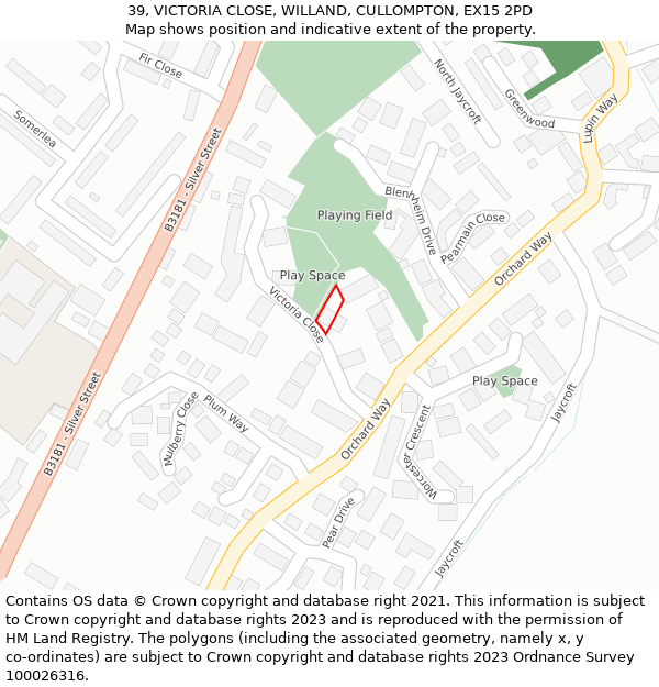 39, VICTORIA CLOSE, WILLAND, CULLOMPTON, EX15 2PD: Location map and indicative extent of plot