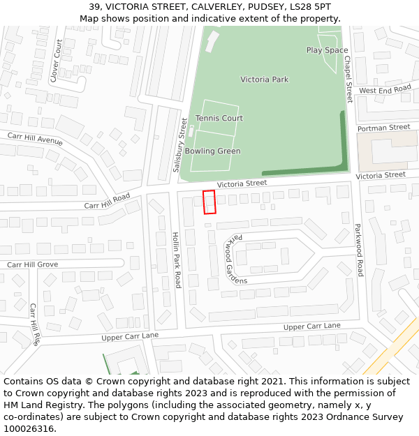 39, VICTORIA STREET, CALVERLEY, PUDSEY, LS28 5PT: Location map and indicative extent of plot