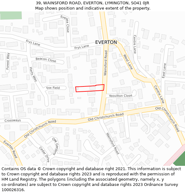 39, WAINSFORD ROAD, EVERTON, LYMINGTON, SO41 0JR: Location map and indicative extent of plot