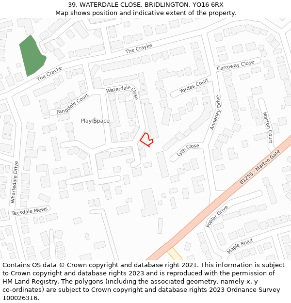 39, WATERDALE CLOSE, BRIDLINGTON, YO16 6RX: Location map and indicative extent of plot