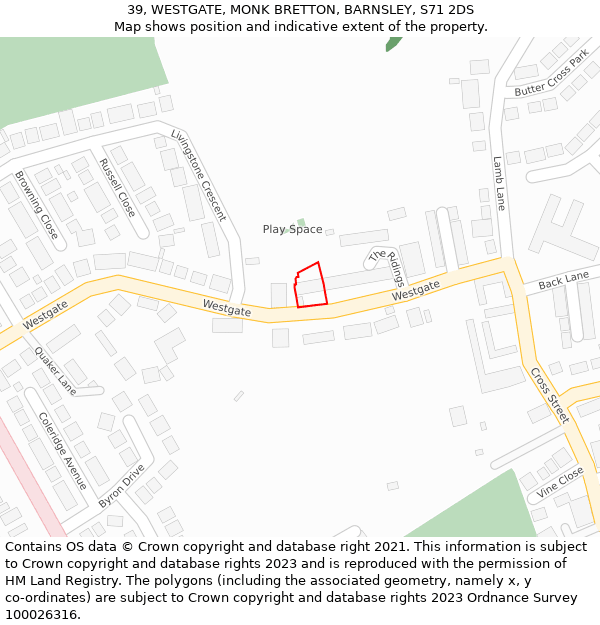 39, WESTGATE, MONK BRETTON, BARNSLEY, S71 2DS: Location map and indicative extent of plot