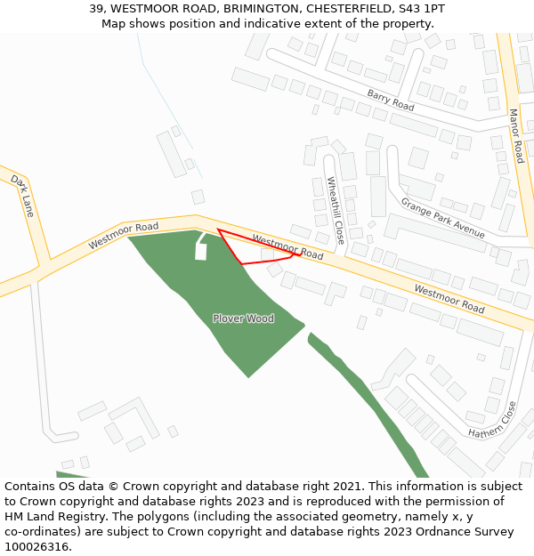 39, WESTMOOR ROAD, BRIMINGTON, CHESTERFIELD, S43 1PT: Location map and indicative extent of plot