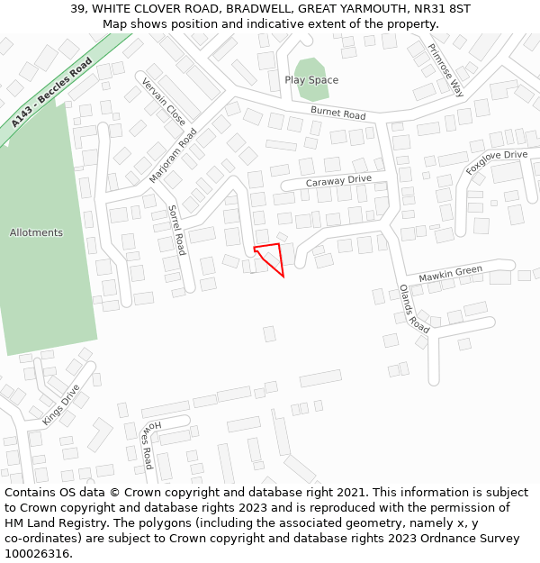 39, WHITE CLOVER ROAD, BRADWELL, GREAT YARMOUTH, NR31 8ST: Location map and indicative extent of plot