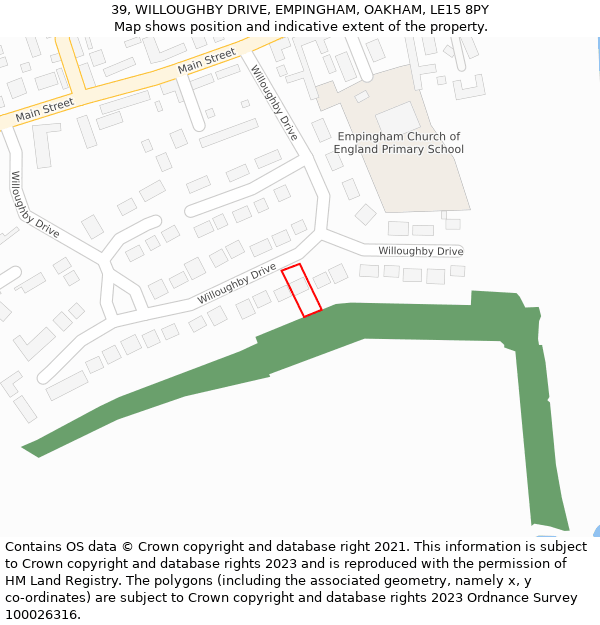 39, WILLOUGHBY DRIVE, EMPINGHAM, OAKHAM, LE15 8PY: Location map and indicative extent of plot