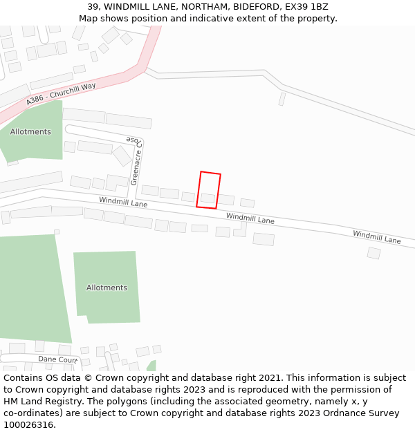39, WINDMILL LANE, NORTHAM, BIDEFORD, EX39 1BZ: Location map and indicative extent of plot