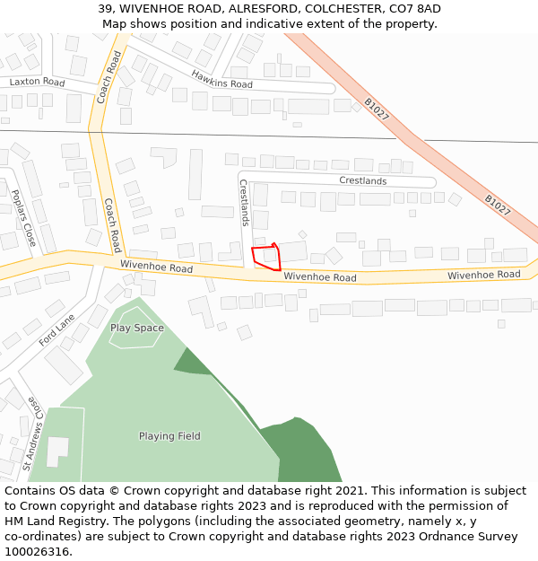39, WIVENHOE ROAD, ALRESFORD, COLCHESTER, CO7 8AD: Location map and indicative extent of plot