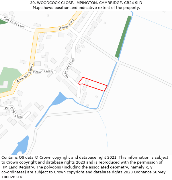 39, WOODCOCK CLOSE, IMPINGTON, CAMBRIDGE, CB24 9LD: Location map and indicative extent of plot