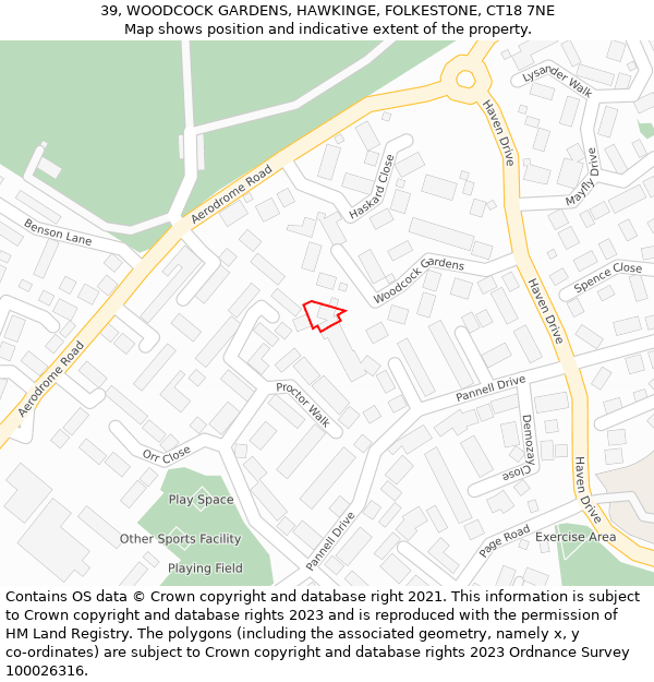 39, WOODCOCK GARDENS, HAWKINGE, FOLKESTONE, CT18 7NE: Location map and indicative extent of plot