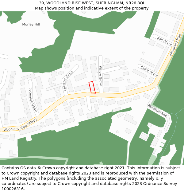 39, WOODLAND RISE WEST, SHERINGHAM, NR26 8QL: Location map and indicative extent of plot