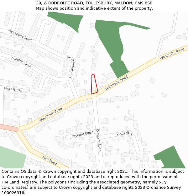 39, WOODROLFE ROAD, TOLLESBURY, MALDON, CM9 8SB: Location map and indicative extent of plot