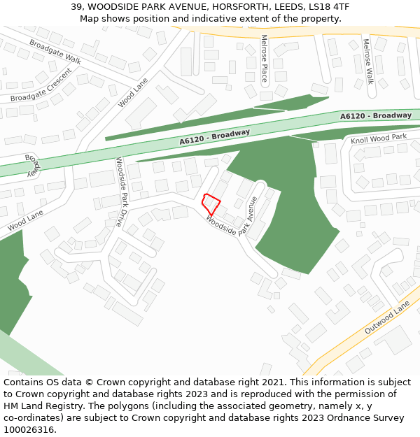 39, WOODSIDE PARK AVENUE, HORSFORTH, LEEDS, LS18 4TF: Location map and indicative extent of plot