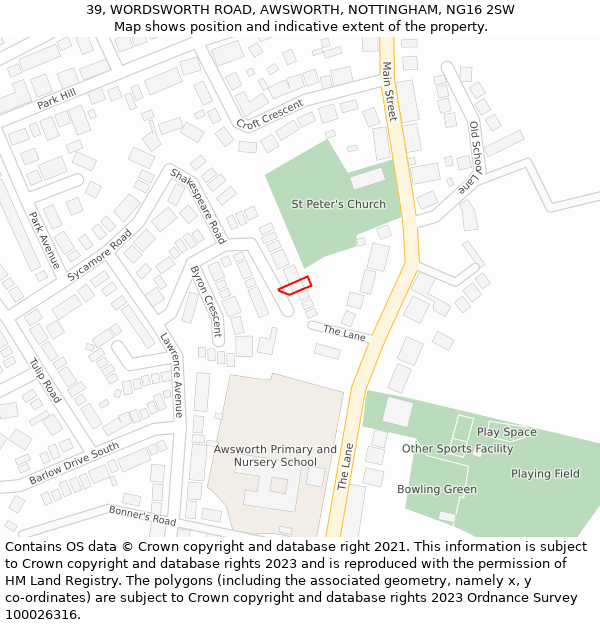 39, WORDSWORTH ROAD, AWSWORTH, NOTTINGHAM, NG16 2SW: Location map and indicative extent of plot