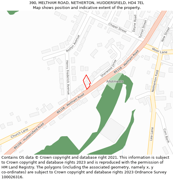 390, MELTHAM ROAD, NETHERTON, HUDDERSFIELD, HD4 7EL: Location map and indicative extent of plot