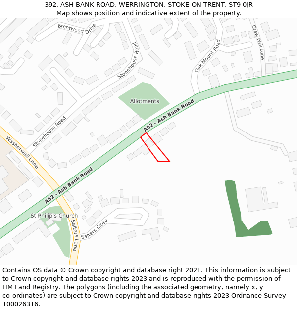 392, ASH BANK ROAD, WERRINGTON, STOKE-ON-TRENT, ST9 0JR: Location map and indicative extent of plot