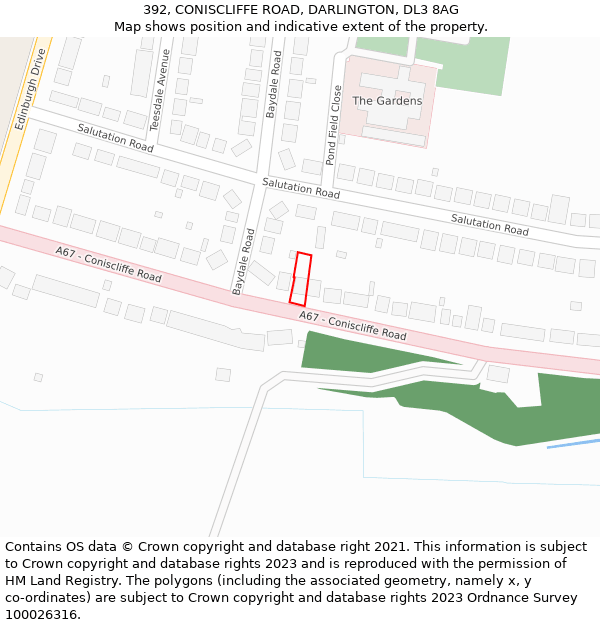 392, CONISCLIFFE ROAD, DARLINGTON, DL3 8AG: Location map and indicative extent of plot