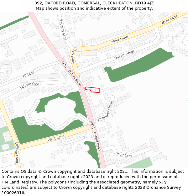 392, OXFORD ROAD, GOMERSAL, CLECKHEATON, BD19 4JZ: Location map and indicative extent of plot