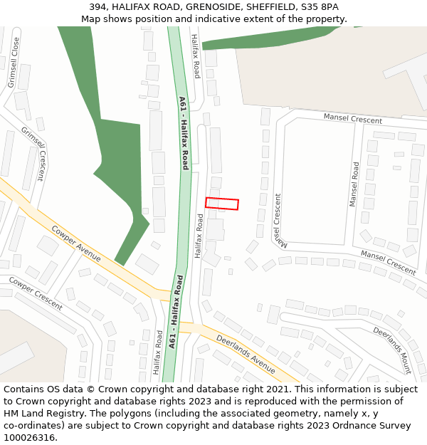 394, HALIFAX ROAD, GRENOSIDE, SHEFFIELD, S35 8PA: Location map and indicative extent of plot