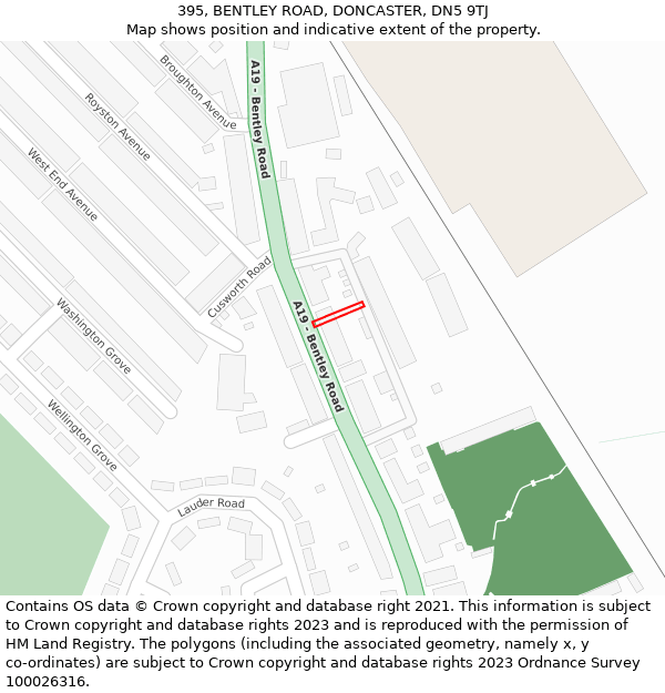 395, BENTLEY ROAD, DONCASTER, DN5 9TJ: Location map and indicative extent of plot