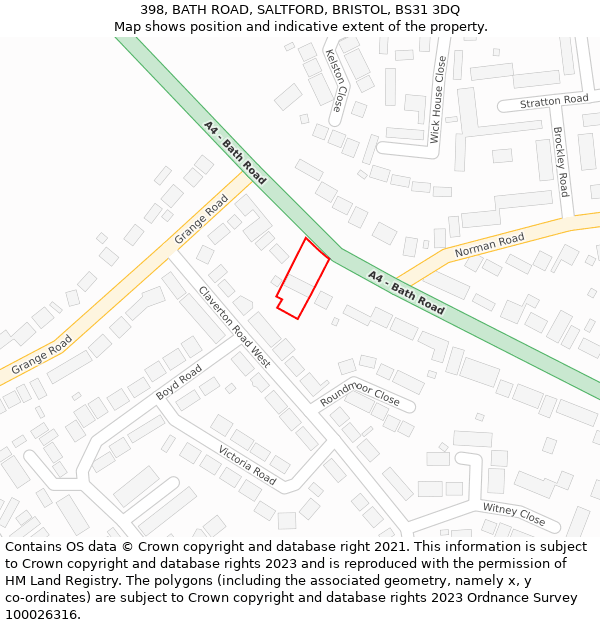 398, BATH ROAD, SALTFORD, BRISTOL, BS31 3DQ: Location map and indicative extent of plot