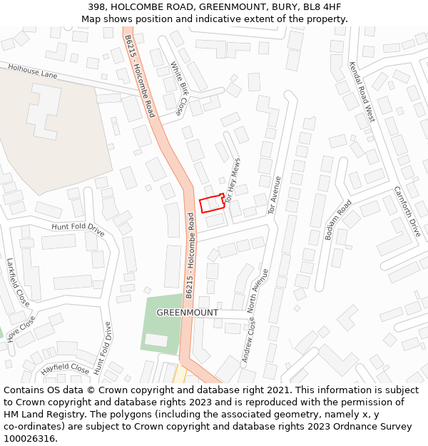 398, HOLCOMBE ROAD, GREENMOUNT, BURY, BL8 4HF: Location map and indicative extent of plot