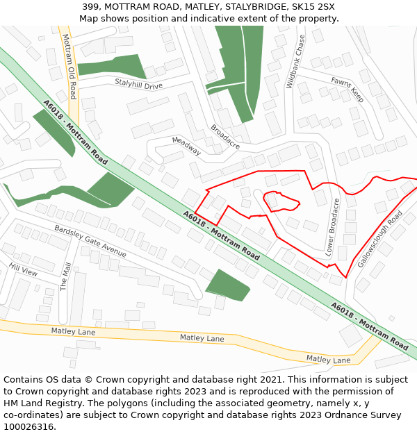 399, MOTTRAM ROAD, MATLEY, STALYBRIDGE, SK15 2SX: Location map and indicative extent of plot