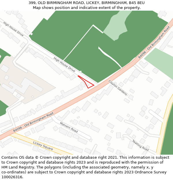 399, OLD BIRMINGHAM ROAD, LICKEY, BIRMINGHAM, B45 8EU: Location map and indicative extent of plot
