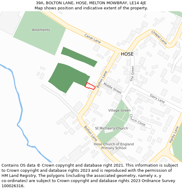 39A, BOLTON LANE, HOSE, MELTON MOWBRAY, LE14 4JE: Location map and indicative extent of plot