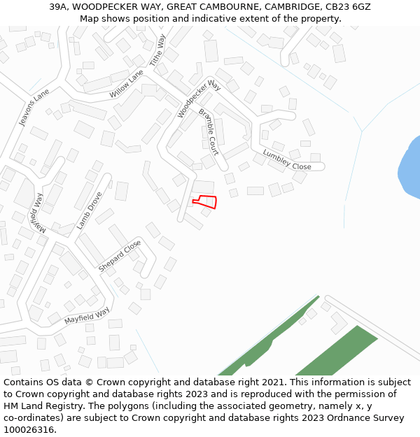 39A, WOODPECKER WAY, GREAT CAMBOURNE, CAMBRIDGE, CB23 6GZ: Location map and indicative extent of plot