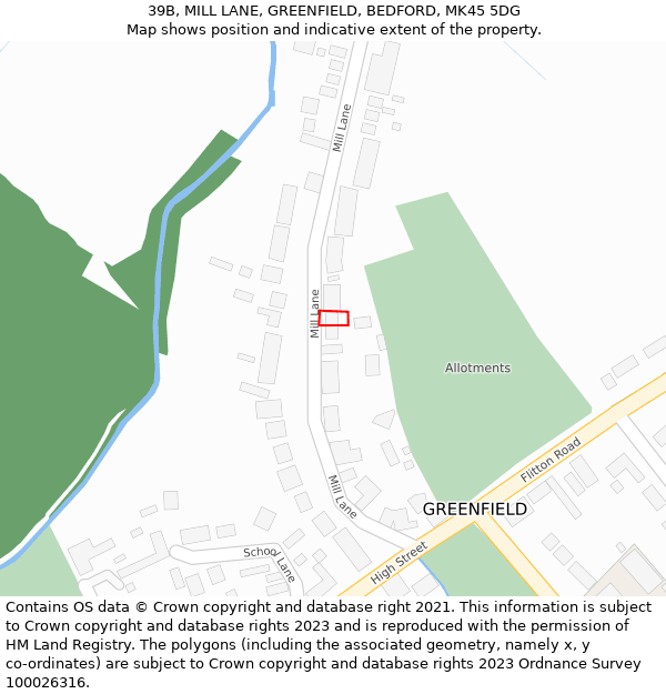 39B, MILL LANE, GREENFIELD, BEDFORD, MK45 5DG: Location map and indicative extent of plot