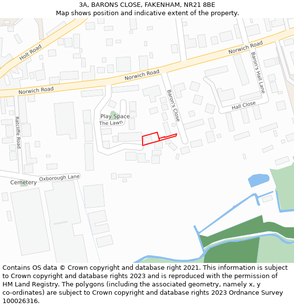 3A, BARONS CLOSE, FAKENHAM, NR21 8BE: Location map and indicative extent of plot