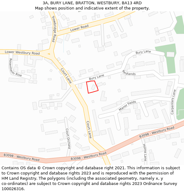 3A, BURY LANE, BRATTON, WESTBURY, BA13 4RD: Location map and indicative extent of plot