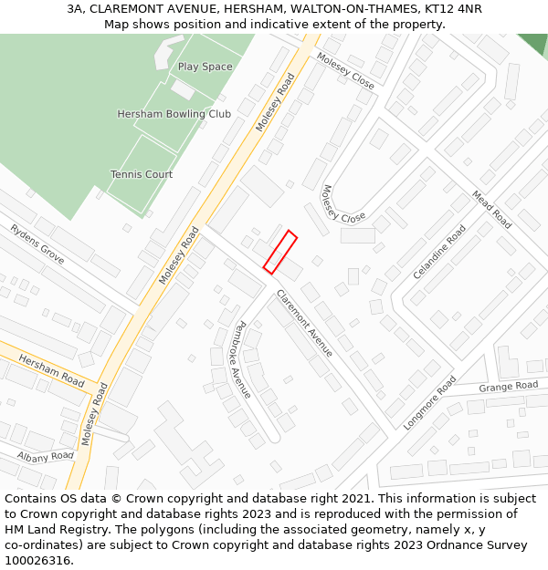 3A, CLAREMONT AVENUE, HERSHAM, WALTON-ON-THAMES, KT12 4NR: Location map and indicative extent of plot