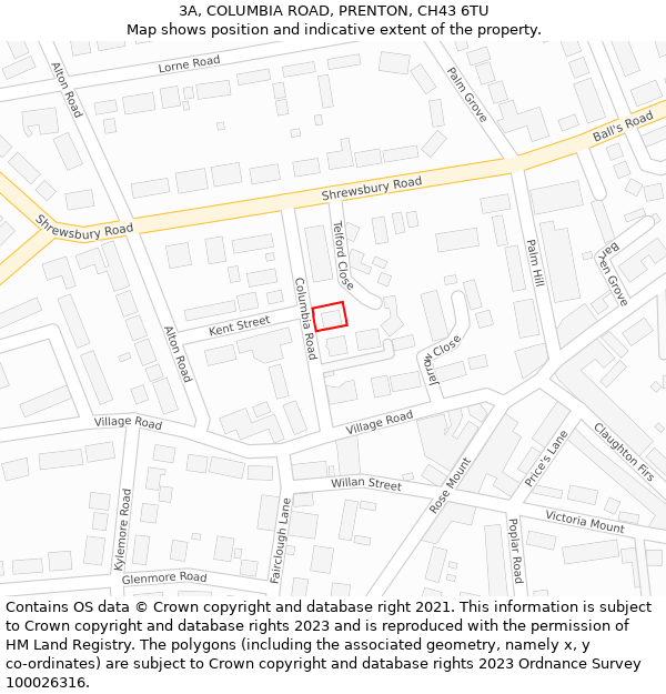 3A, COLUMBIA ROAD, PRENTON, CH43 6TU: Location map and indicative extent of plot