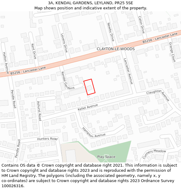 3A, KENDAL GARDENS, LEYLAND, PR25 5SE: Location map and indicative extent of plot