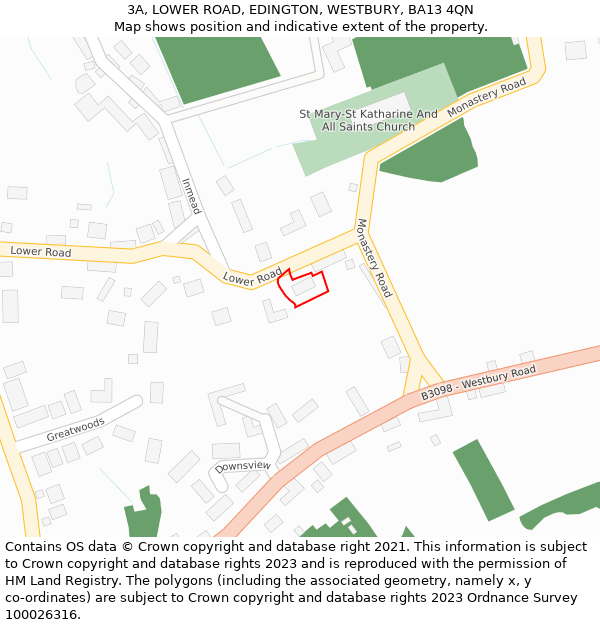 3A, LOWER ROAD, EDINGTON, WESTBURY, BA13 4QN: Location map and indicative extent of plot