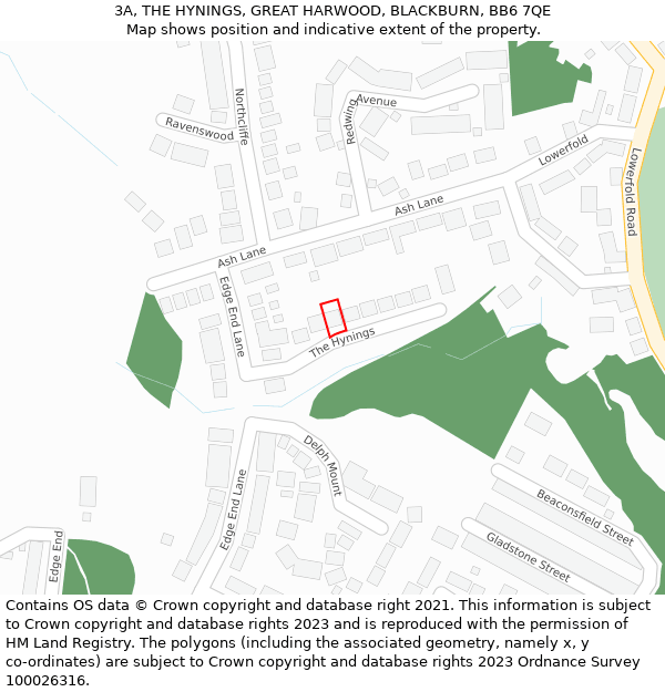 3A, THE HYNINGS, GREAT HARWOOD, BLACKBURN, BB6 7QE: Location map and indicative extent of plot