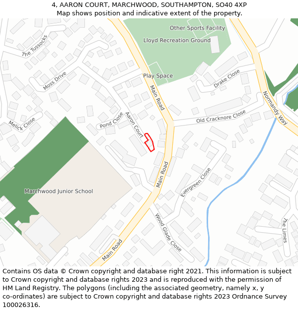 4, AARON COURT, MARCHWOOD, SOUTHAMPTON, SO40 4XP: Location map and indicative extent of plot