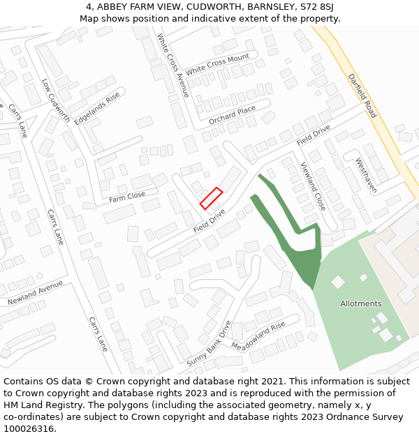 4, ABBEY FARM VIEW, CUDWORTH, BARNSLEY, S72 8SJ: Location map and indicative extent of plot