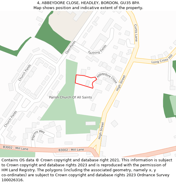 4, ABBEYDORE CLOSE, HEADLEY, BORDON, GU35 8PA: Location map and indicative extent of plot