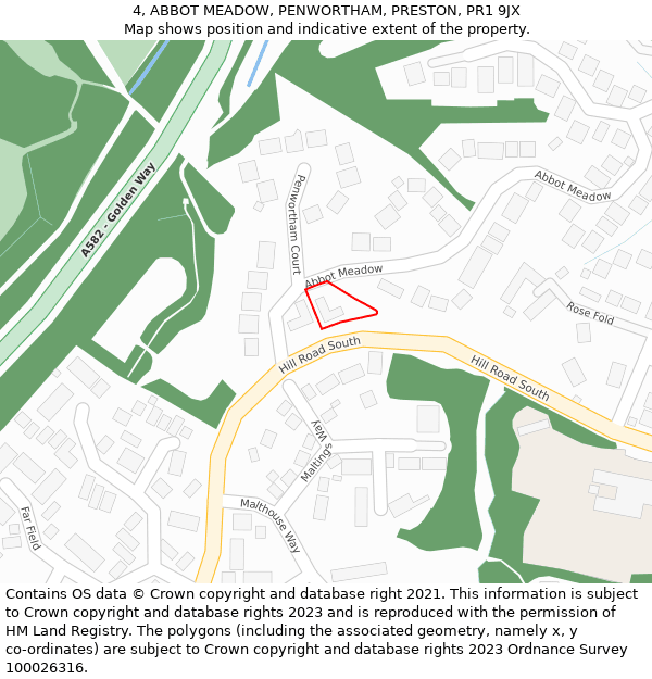 4, ABBOT MEADOW, PENWORTHAM, PRESTON, PR1 9JX: Location map and indicative extent of plot