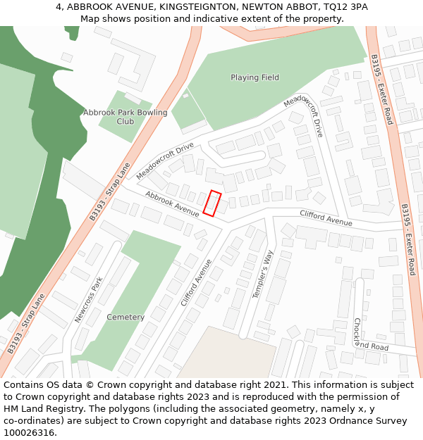 4, ABBROOK AVENUE, KINGSTEIGNTON, NEWTON ABBOT, TQ12 3PA: Location map and indicative extent of plot