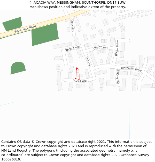 4, ACACIA WAY, MESSINGHAM, SCUNTHORPE, DN17 3UW: Location map and indicative extent of plot