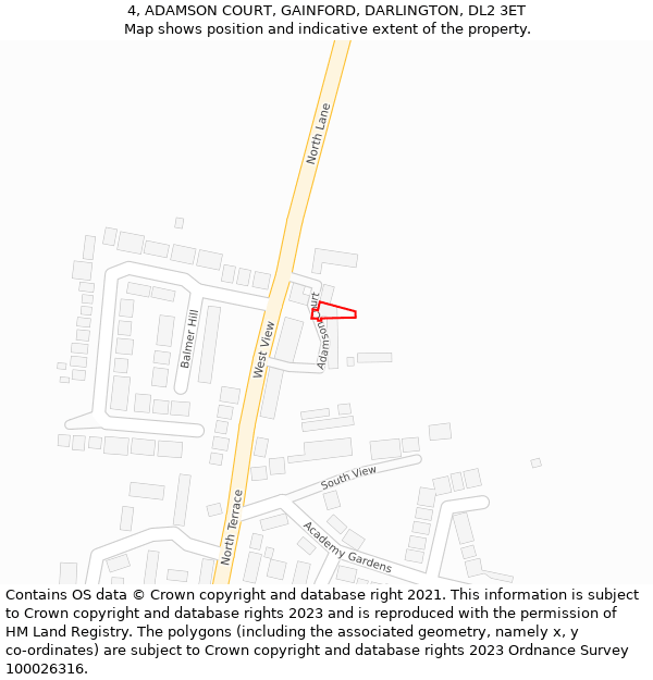 4, ADAMSON COURT, GAINFORD, DARLINGTON, DL2 3ET: Location map and indicative extent of plot