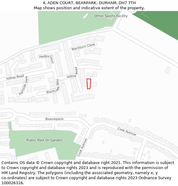 4, ADEN COURT, BEARPARK, DURHAM, DH7 7TH: Location map and indicative extent of plot