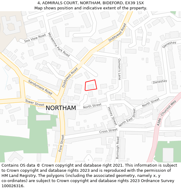 4, ADMIRALS COURT, NORTHAM, BIDEFORD, EX39 1SX: Location map and indicative extent of plot